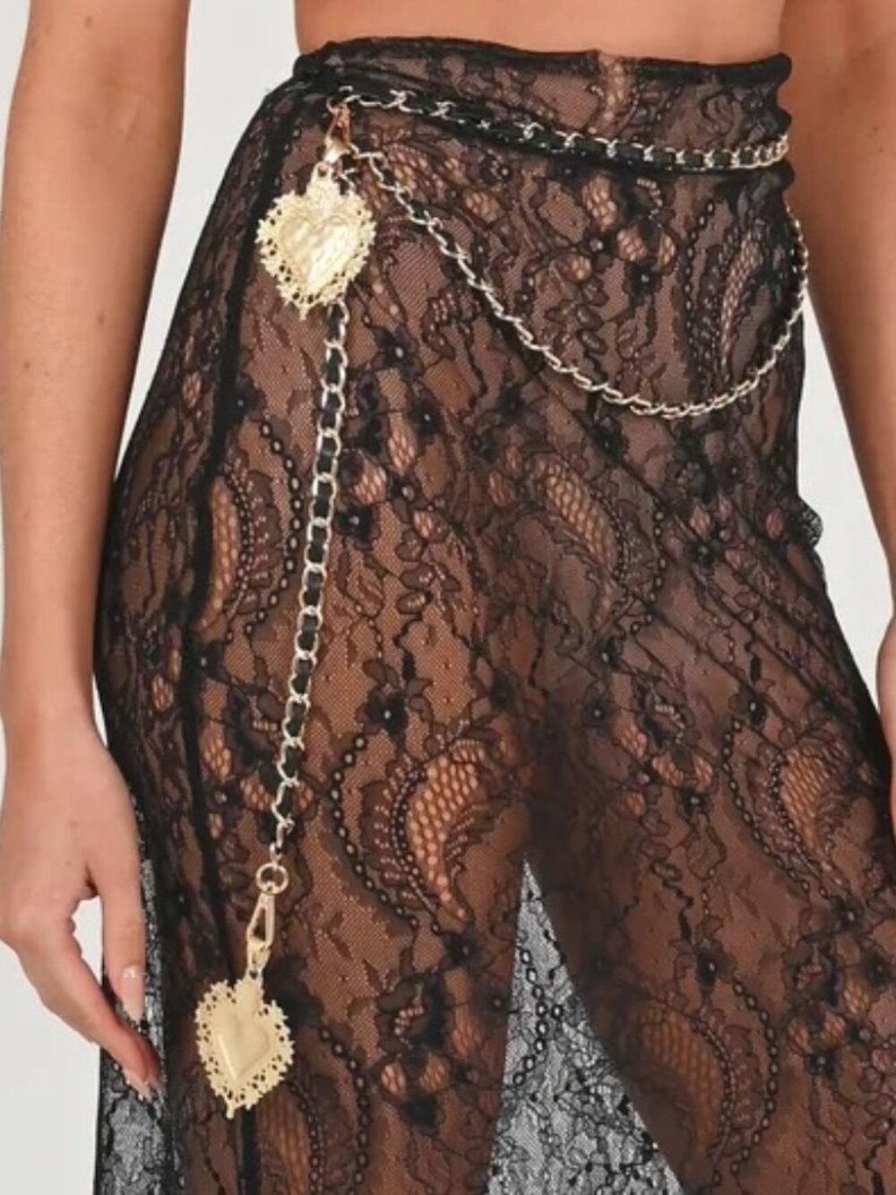 ๐A BOMBSHELL!๐The Dolls House Francesca Black Lace Maxi Skirt w/ Chain & Belt - Picture 6 of 16